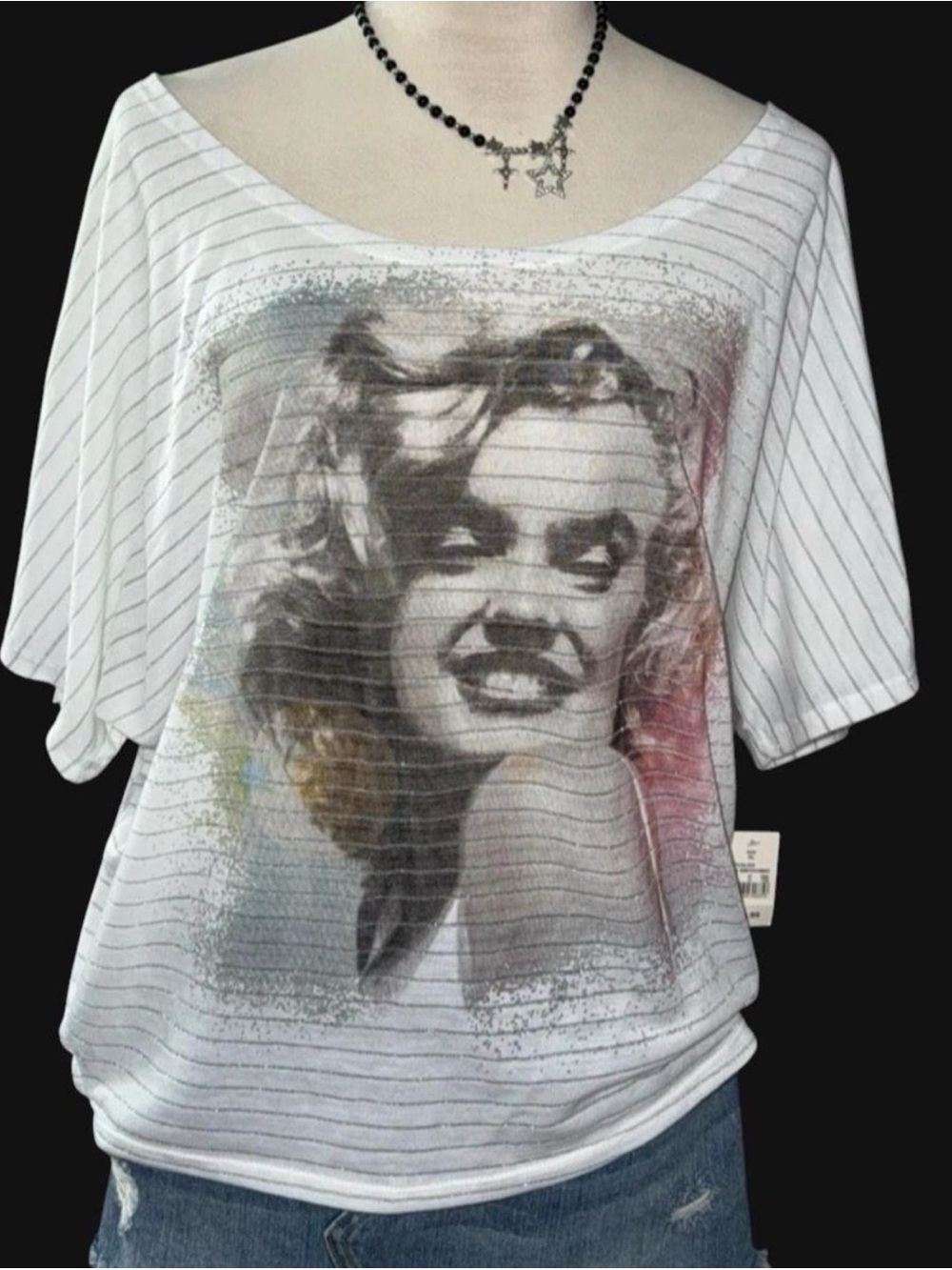 Marilyn Monroe White Short Sleeve Photo-Print Top with Subtle Multicolor Accents